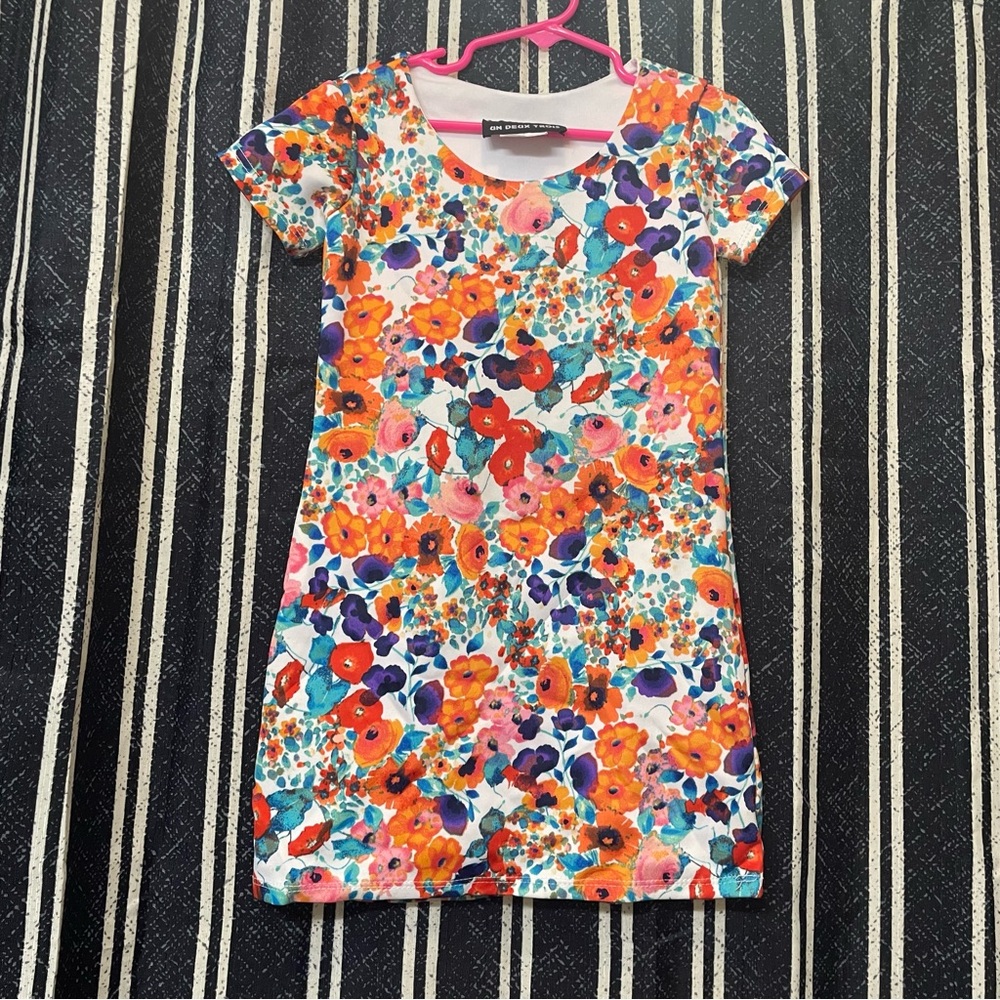 Un Deux Trois Floral Kids Dress - Orange, Blue, White